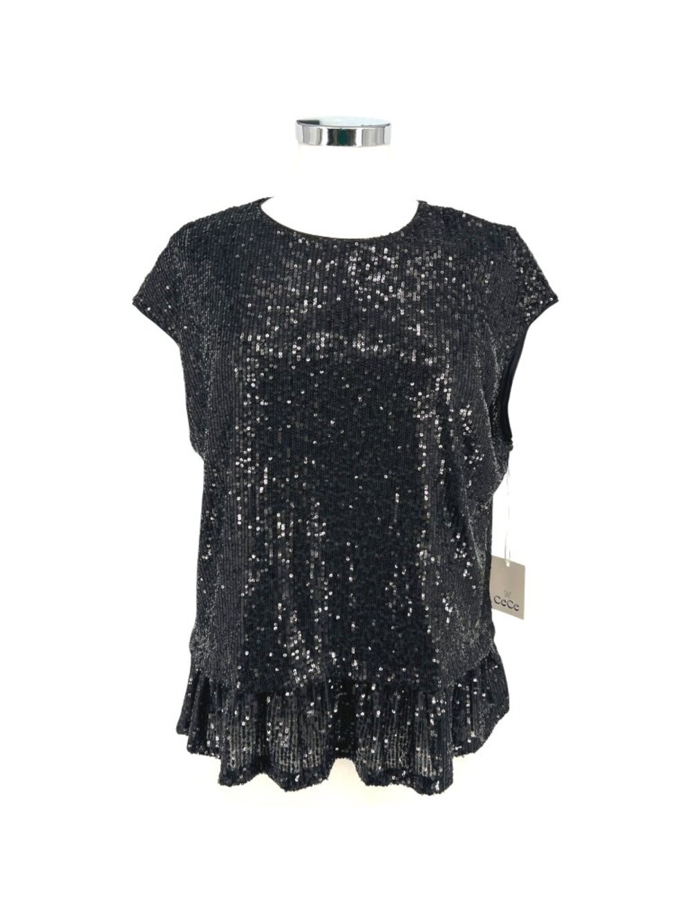 CeCe Black Sequin Peplum Blouse Flutter Sleeve Holiday Party Top Size Large NWT